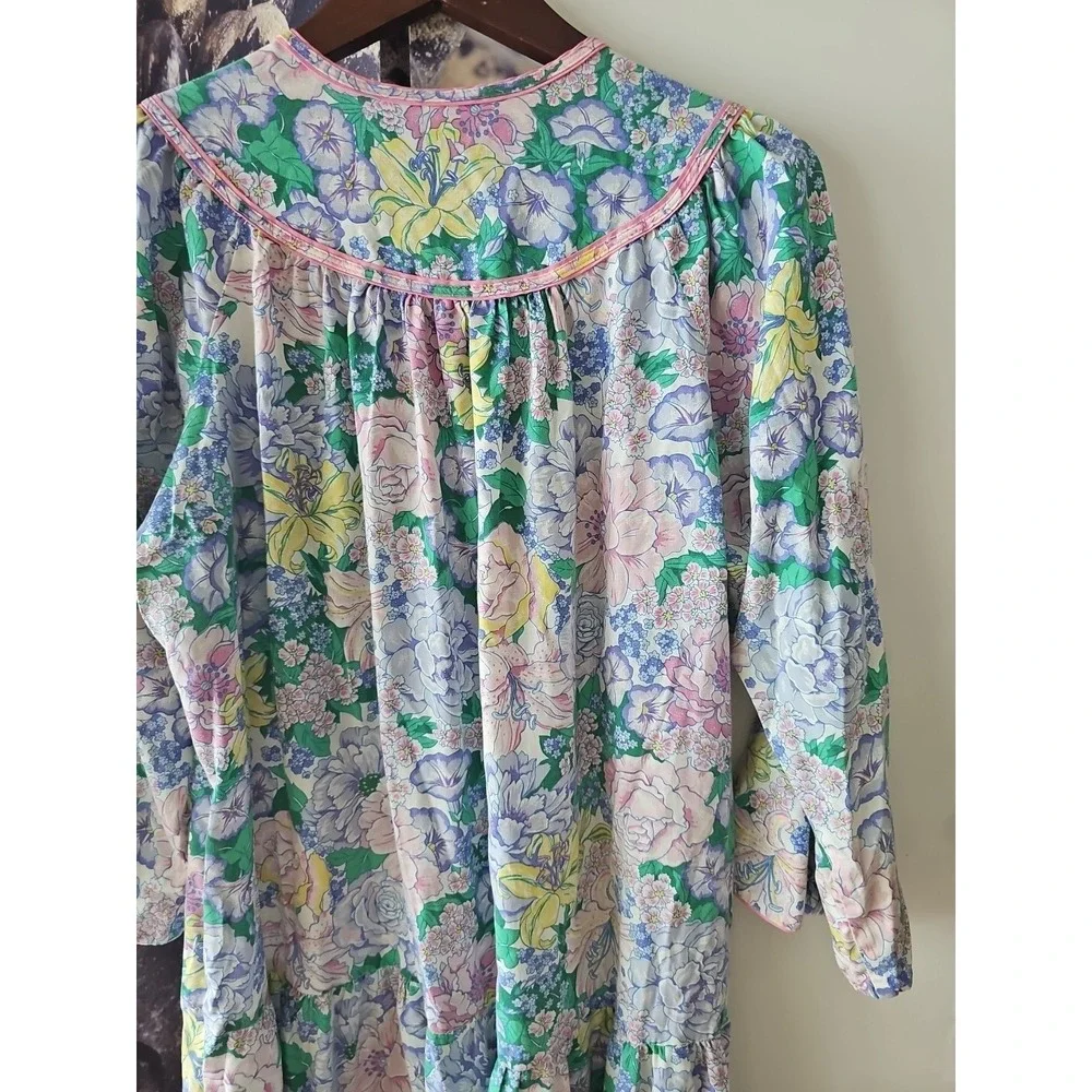 Vintage 80s Models Coat Nightgown Floral Patio‎ House Dress MuuMuu Snap Front 14
